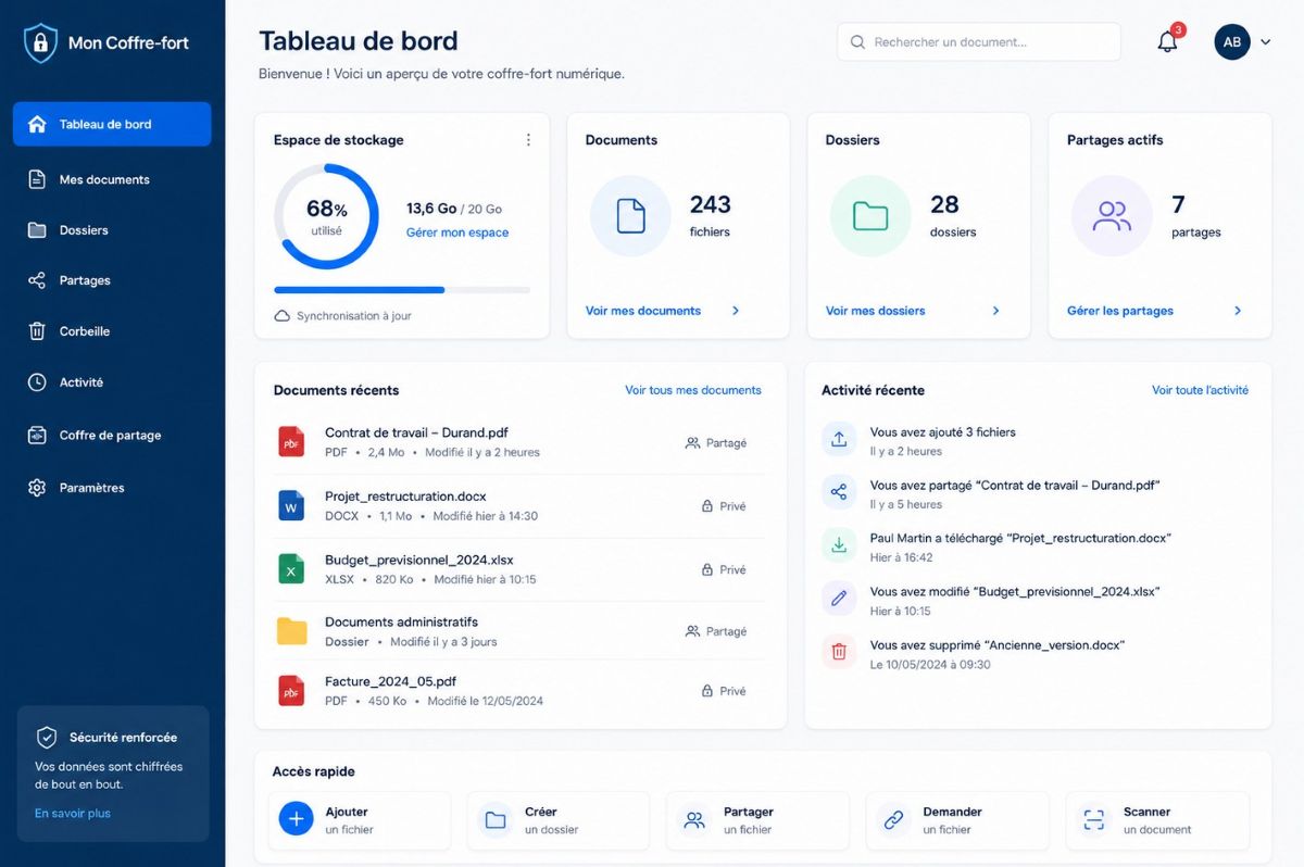 tableau de bord coffre numerique