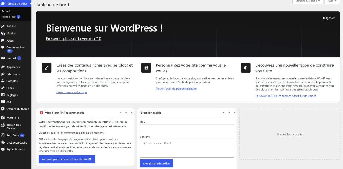 tableau de bord wordpress